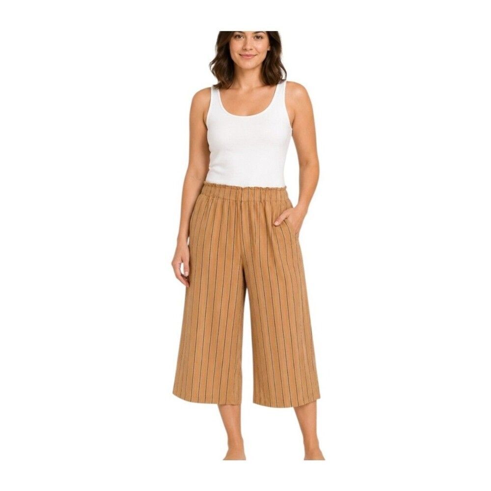 J JILL Linen Stretch Wide Leg Trouser Pull On Pants Paper Bag Striped Mustard XL